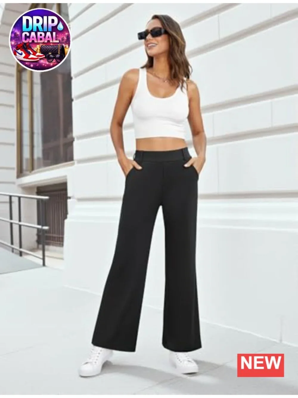 Wide Leg Dress Pants High Waist Stretchy Polyester Blend Work Slacks with